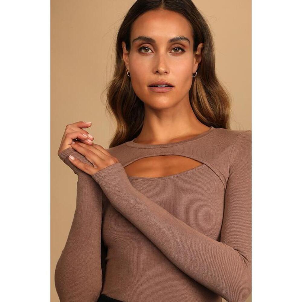 Lulus Brown Ribbed Cutout Long Sleeve Top